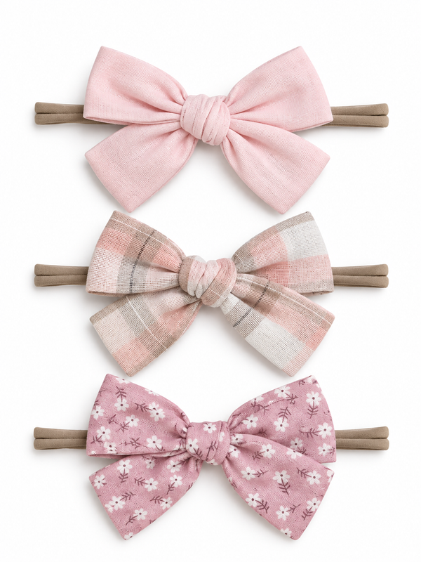 Three fabric hair bows in pink shades and floral patterns on elastic hair ties, displayed in a row.