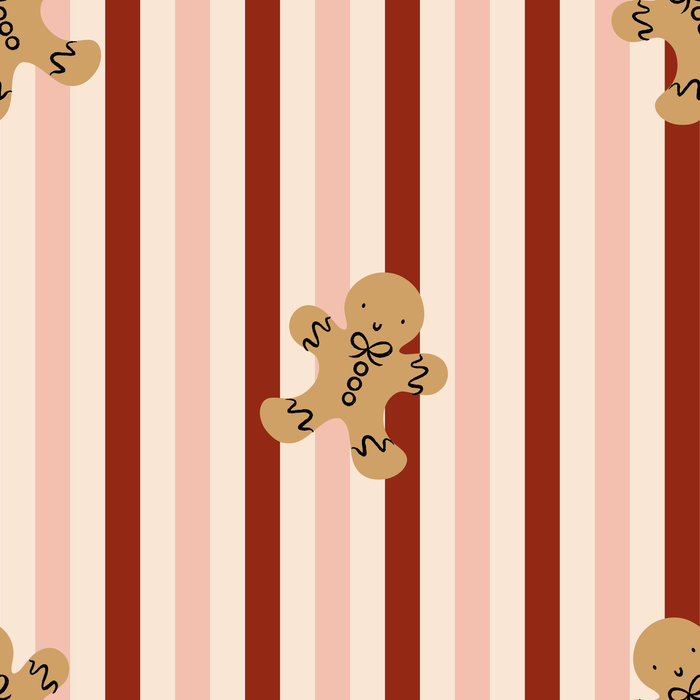 Gingerbread men on a striped pink and red background, creating a festive, playful pattern.
