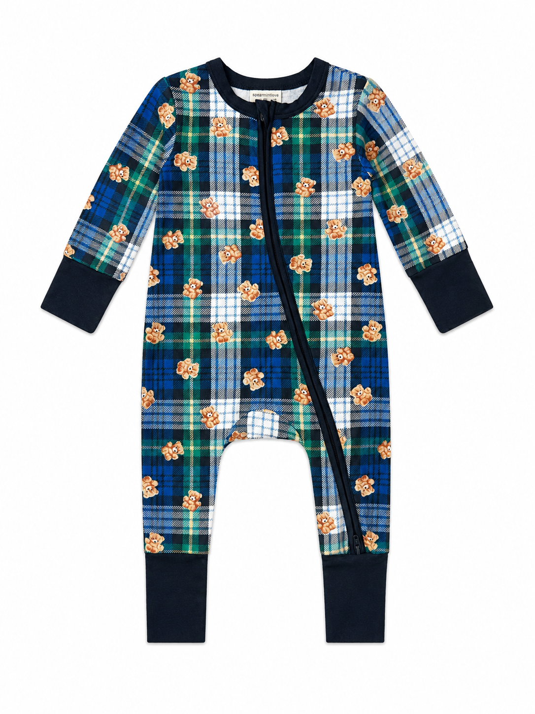 Plaid baby onesie in blue and green, featuring bear print, with a front zipper and long sleeves.