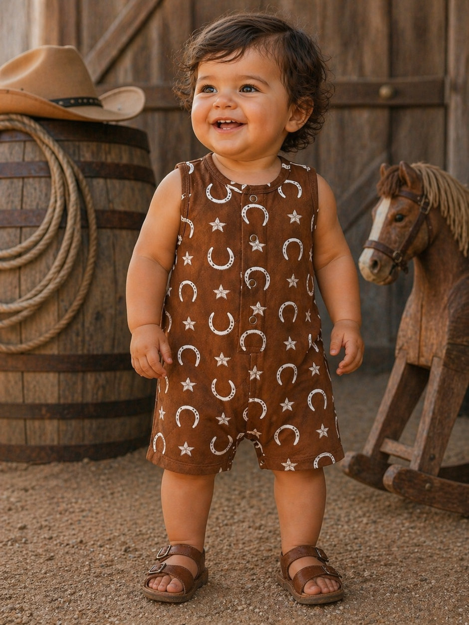 Smiling toddler in a brown patterned outfit stands near a wooden horse and barrels, set in a rustic outdoor scene.