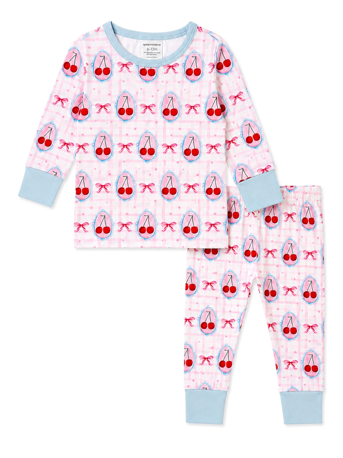 Pink pajama set with a cherry print, featuring a long-sleeve top and matching pants with blue cuffs.