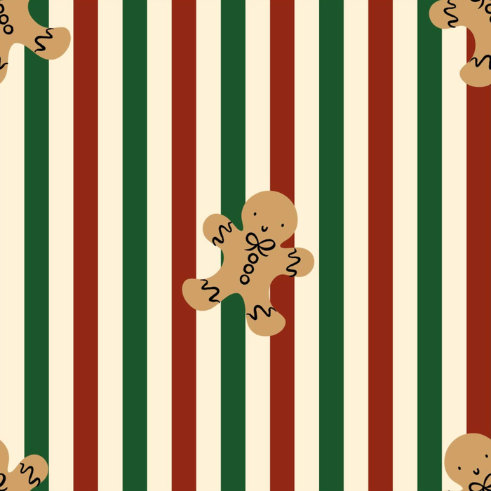 Gingerbread men on a festive striped background in red and green, perfect for holiday decorations.