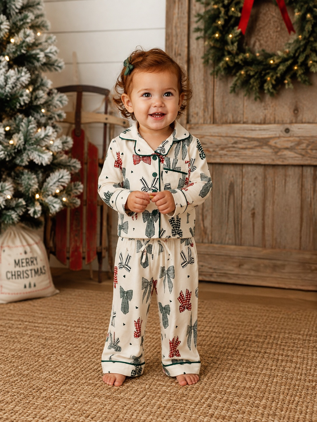 Toddler in festive pajamas smiles, standing on a rug by a Christmas tree and a wreath.