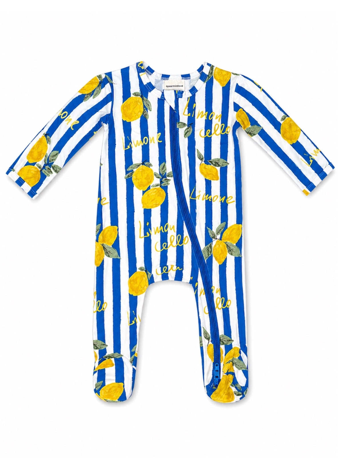 Blue and white striped baby romper with lemon prints and "Limone" text. Long sleeves and a zipper front.