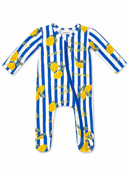 Blue and white striped baby romper with lemon prints and "Limone" text. Long sleeves and a zipper front.