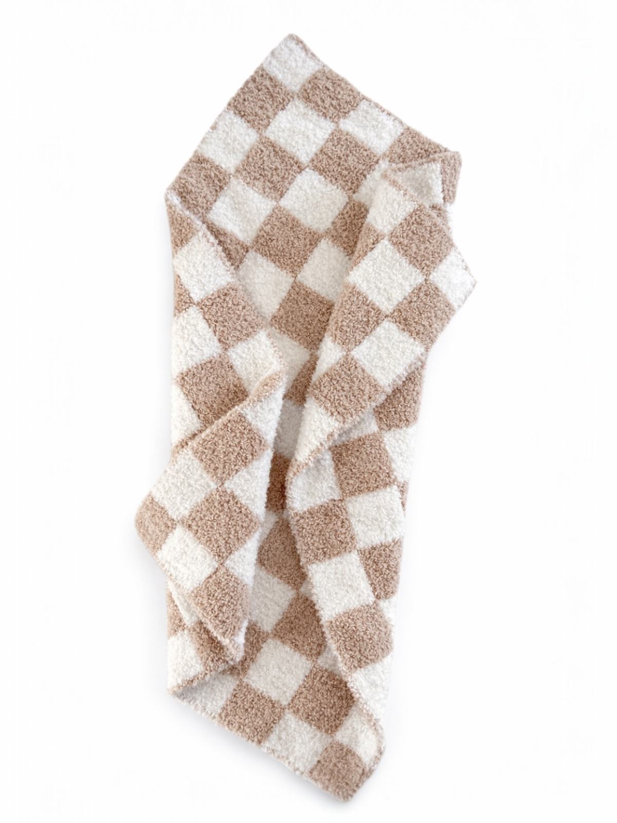 Brown and white checkered towel draped elegantly on a white background.