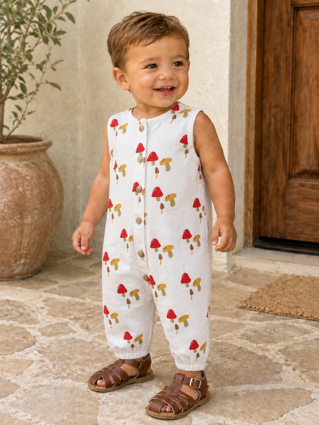 Smiling toddler in a mushroom-patterned outfit, standing on a stone floor near a decorative pot.