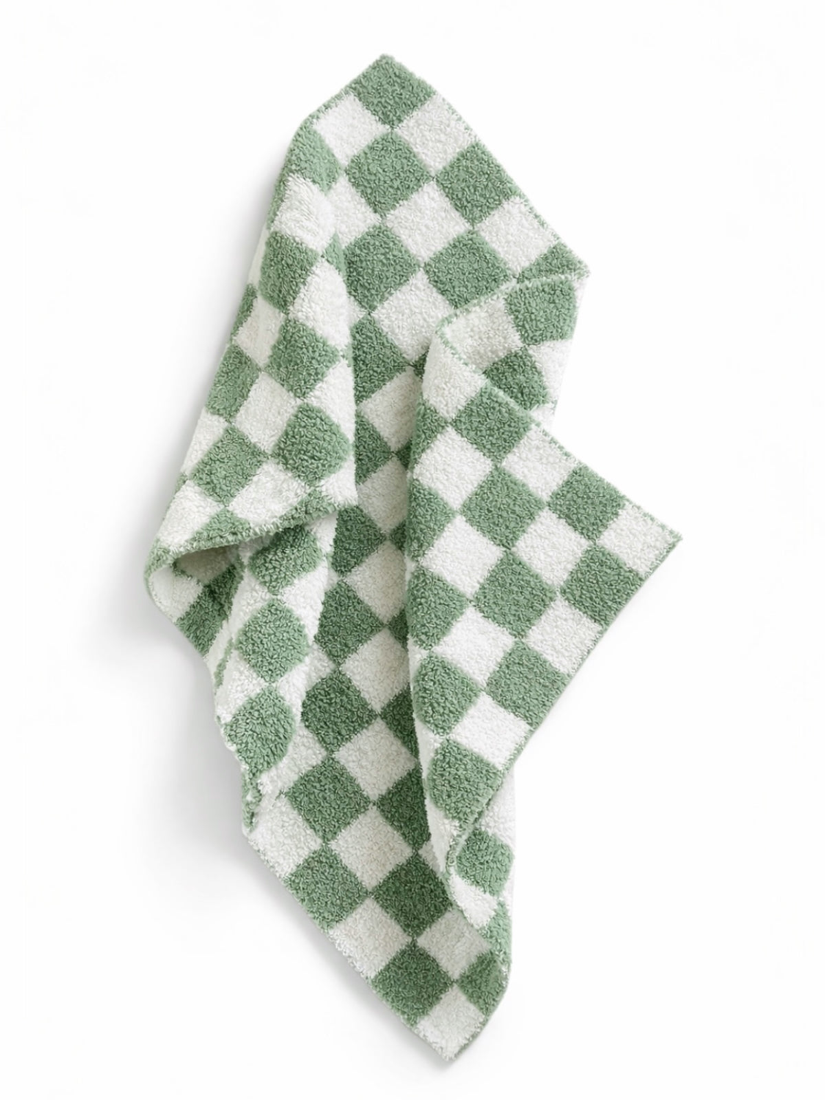 Green and white checkered towel draped, featuring a soft, textured fabric. Ideal for kitchen or bathroom use.