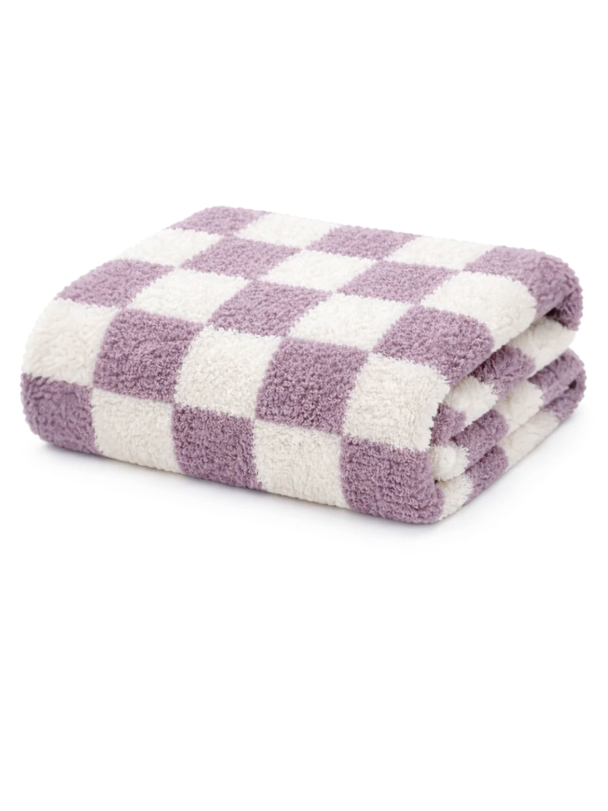 Folded checkered towel in soft purple and white fabric, ideal for bathrooms or spa settings.