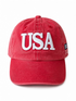 Red baseball cap featuring "USA" in white letters and a small American flag emblem.
