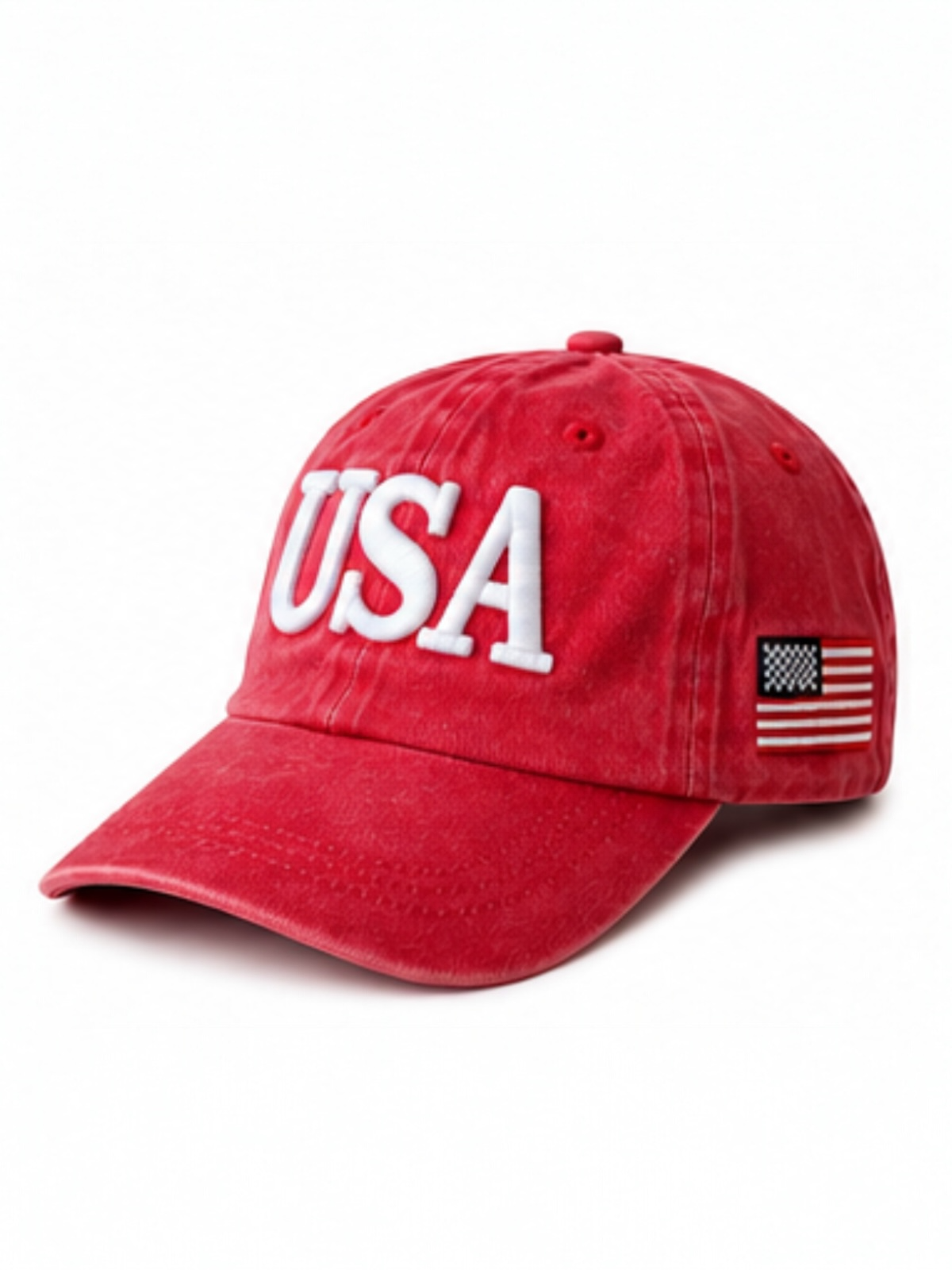 Red baseball cap featuring "USA" in white and a small American flag patch on the side.