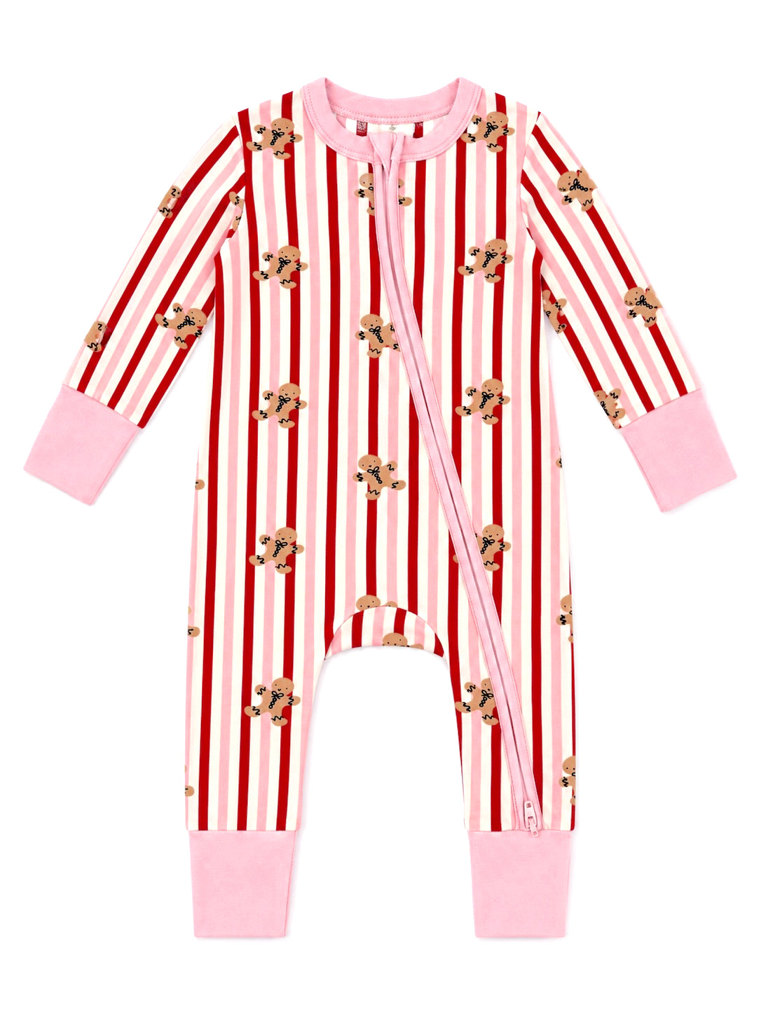 Red and white striped children's onesie with gingerbread patterns and pink cuffs and zipper.