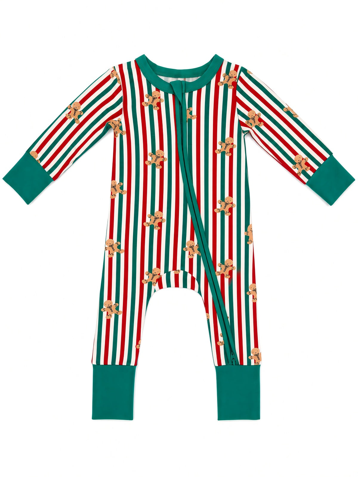 Red and green striped infant romper with gingerbread man pattern, featuring a front zipper and teal trim.