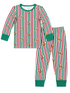 Red and green striped children's pajamas with gingerbread man print and contrasting green cuffs.