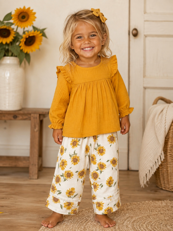 Smiling girl in a yellow top and sunflower-patterned pants stands in a cozy room with sunflowers.