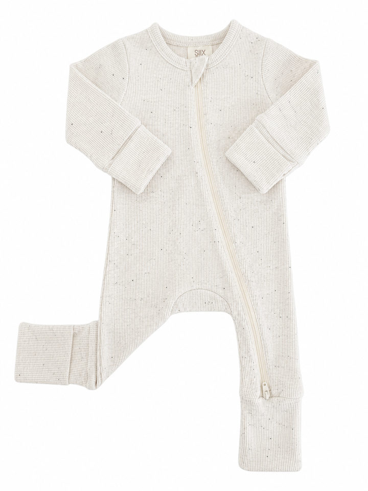 Light gray baby onesie with zipper, ribbed texture, and cuffed sleeves and legs. Perfect for comfort and ease.