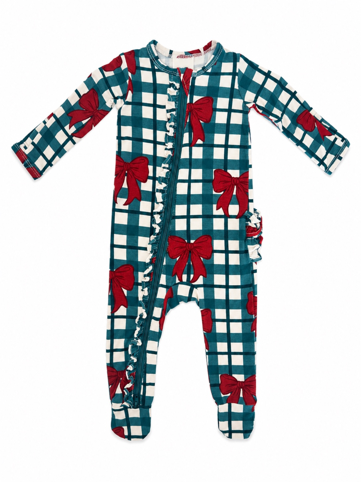 Blue plaid baby onesie with red bows and ruffle details along the zipper and side, long sleeves.