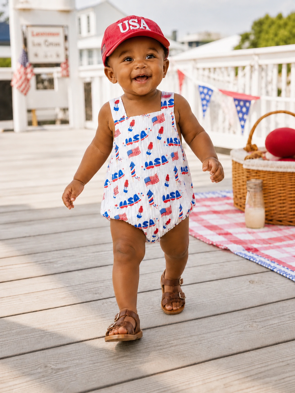 Smiling baby in a USA-themed outfit walking on a deck, with picnic items and flags in the background.