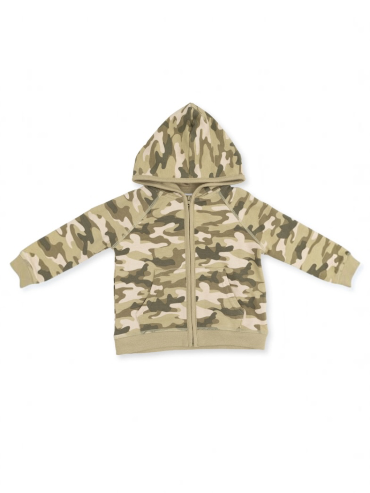 Tan and green camouflage zip-up hoodie with a hood and pockets, laid flat on a white background.