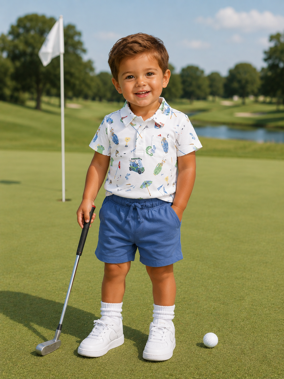 Smiling boy in golf attire stands on a green, holding a club with a golf ball nearby.