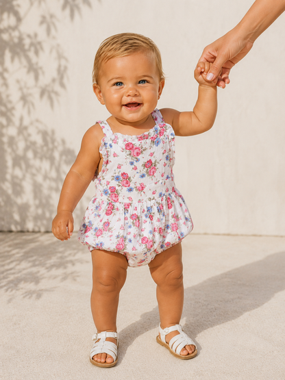 Smiling toddler in a floral outfit holding an adult's hand, standing on a smooth surface with shadows.
