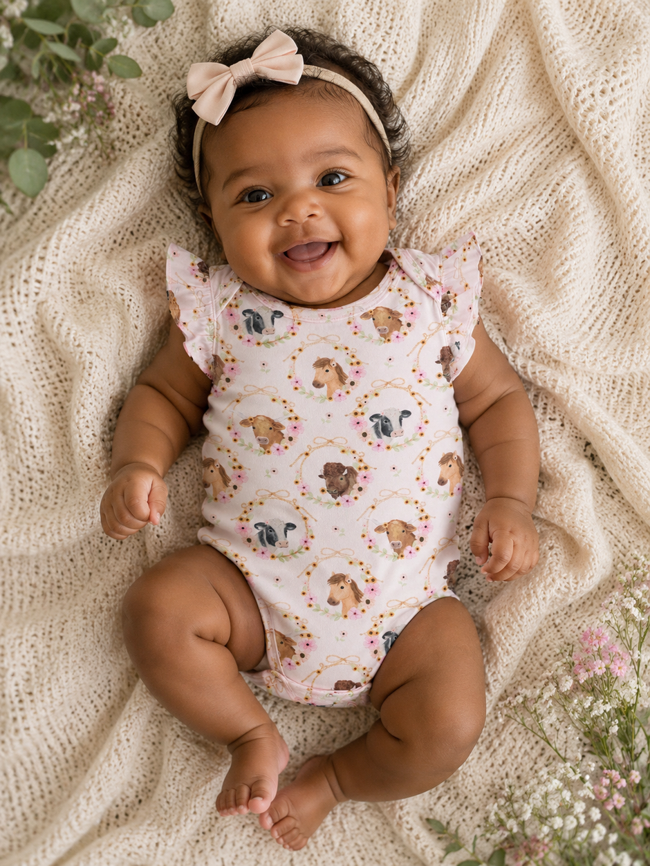Smiling baby girl in a floral dog-printed onesie, lying on a textured blanket surrounded by greenery.