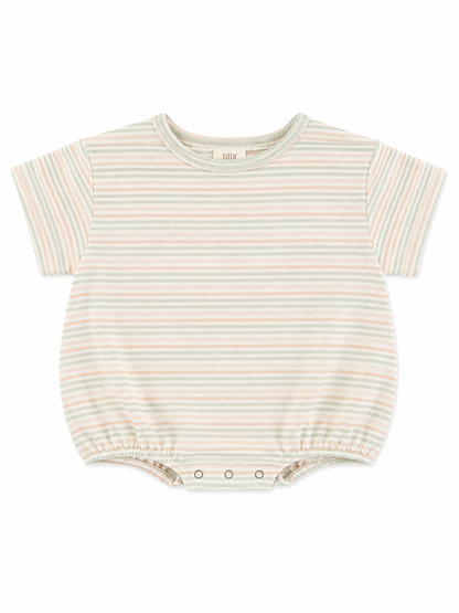 Lightly striped baby onesie in pastel colors with short sleeves and snap closures at the bottom.