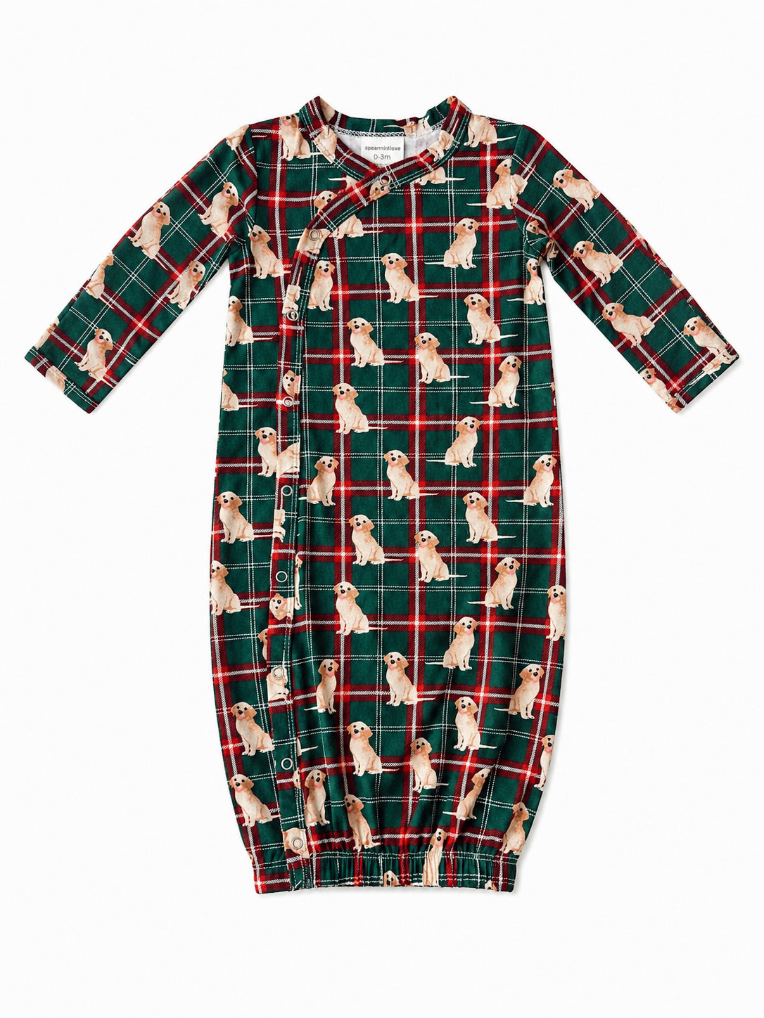 Green plaid baby gown featuring playful golden retriever puppy prints. Long sleeves with snap closures.
