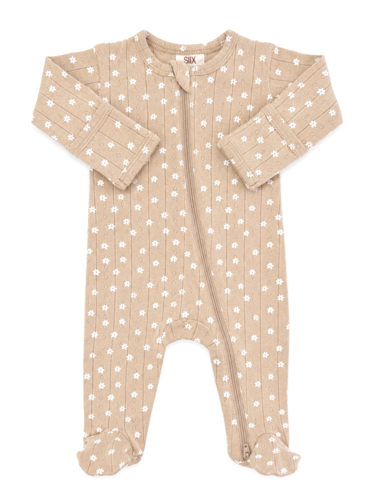 Tan baby onesie with white floral pattern and zip closure. Soft, cozy fabric for infants.