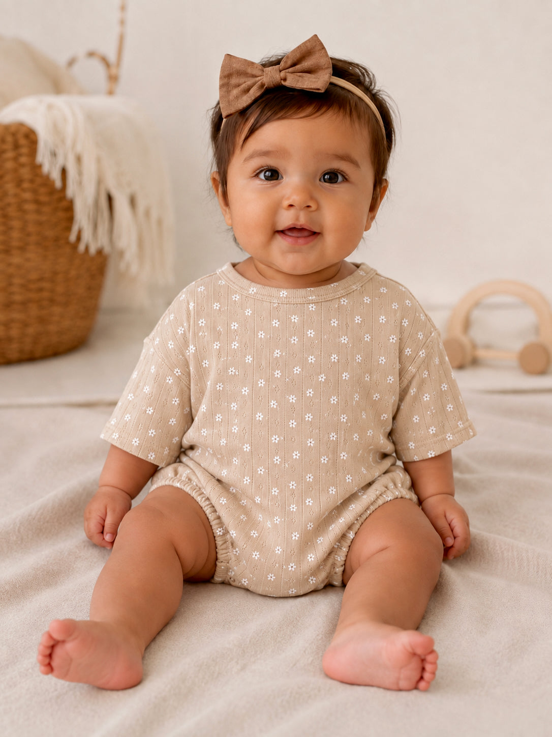 Smiling baby in a beige outfit with floral prints and a brown bow, sitting on a soft textured surface.