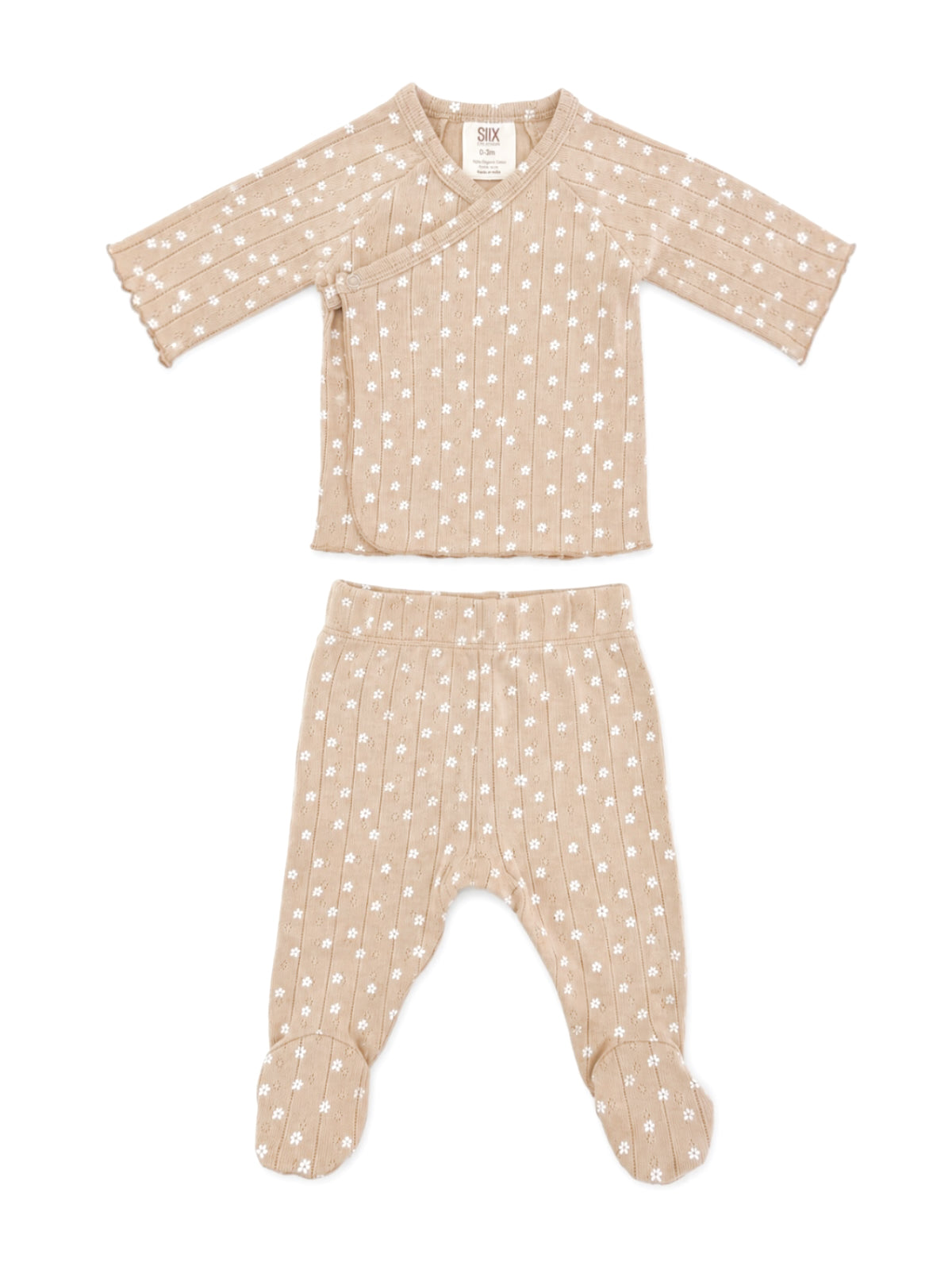 Beige baby outfit with white floral pattern, featuring a wrap top and footed pants. Ideal for infants.