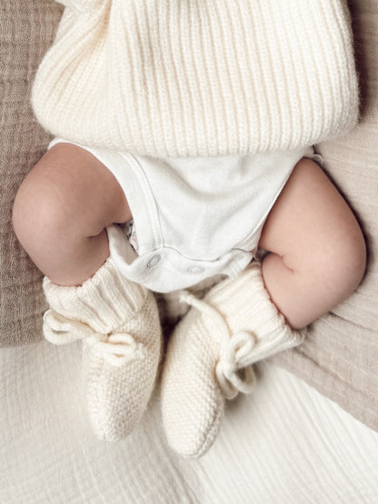 Baby's legs in white knitted booties and a bodysuit, resting on a soft textured blanket.