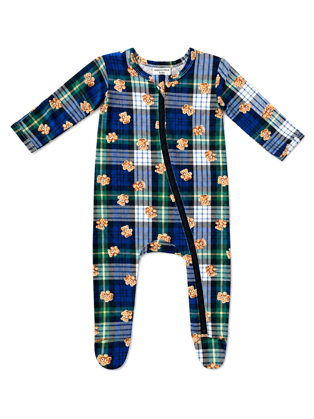 Plaid baby onesie in blue and green with playful bear prints and a front zipper for easy dressing.