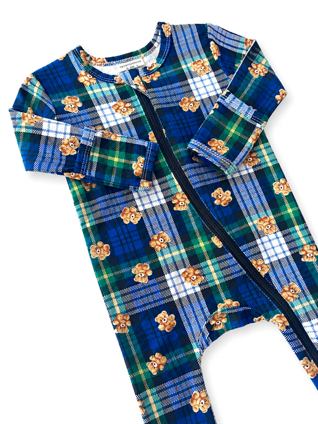 Blue plaid zip-up onesie with bear print, featuring long sleeves and a soft fabric design.