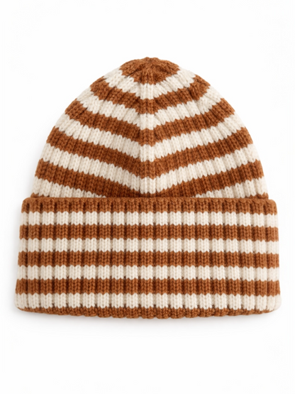 Brown and cream striped knit beanie hat with a folded brim.