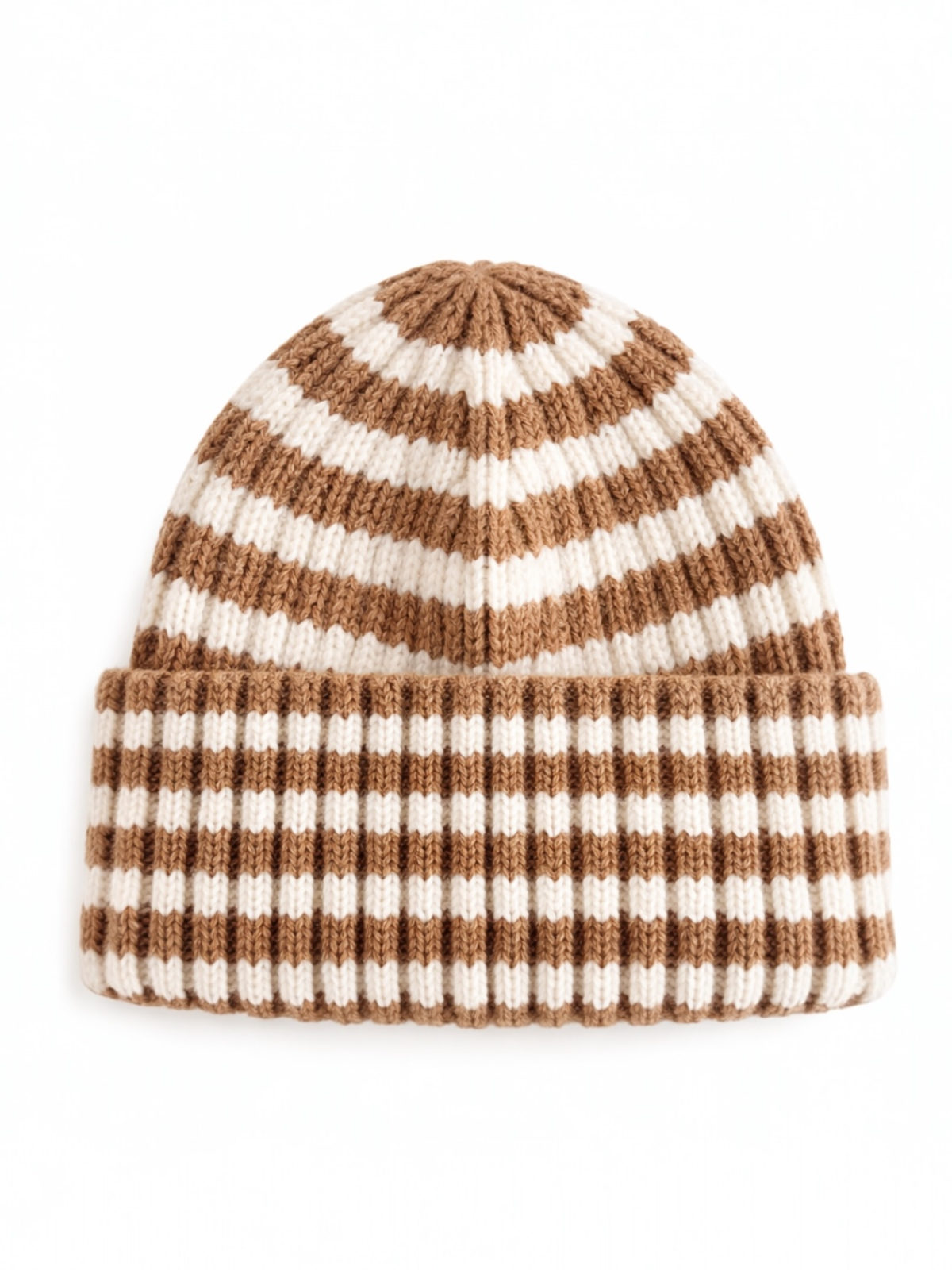 Brown and white striped knit beanie with a folded brim. Ideal for winter fashion and warmth.