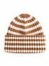 Brown and white striped knit beanie with a folded brim. Ideal for winter fashion and warmth.