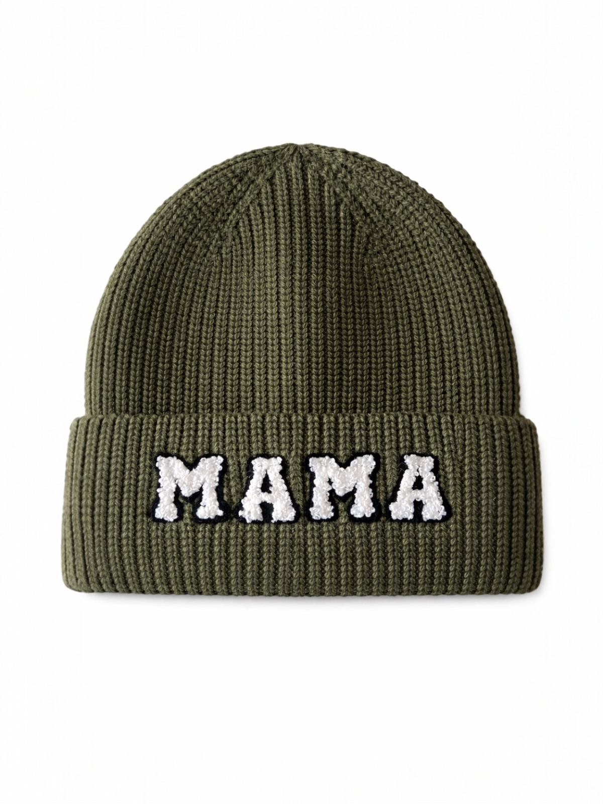 Olive green knit beanie with "MAMA" embroidered in white on the front.