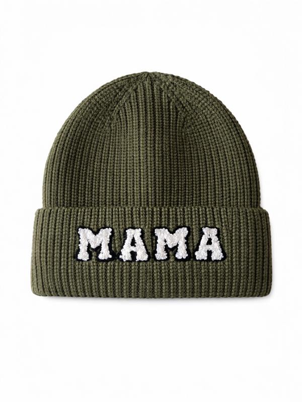 Olive green knit beanie with "MAMA" embroidered in white on the front.
