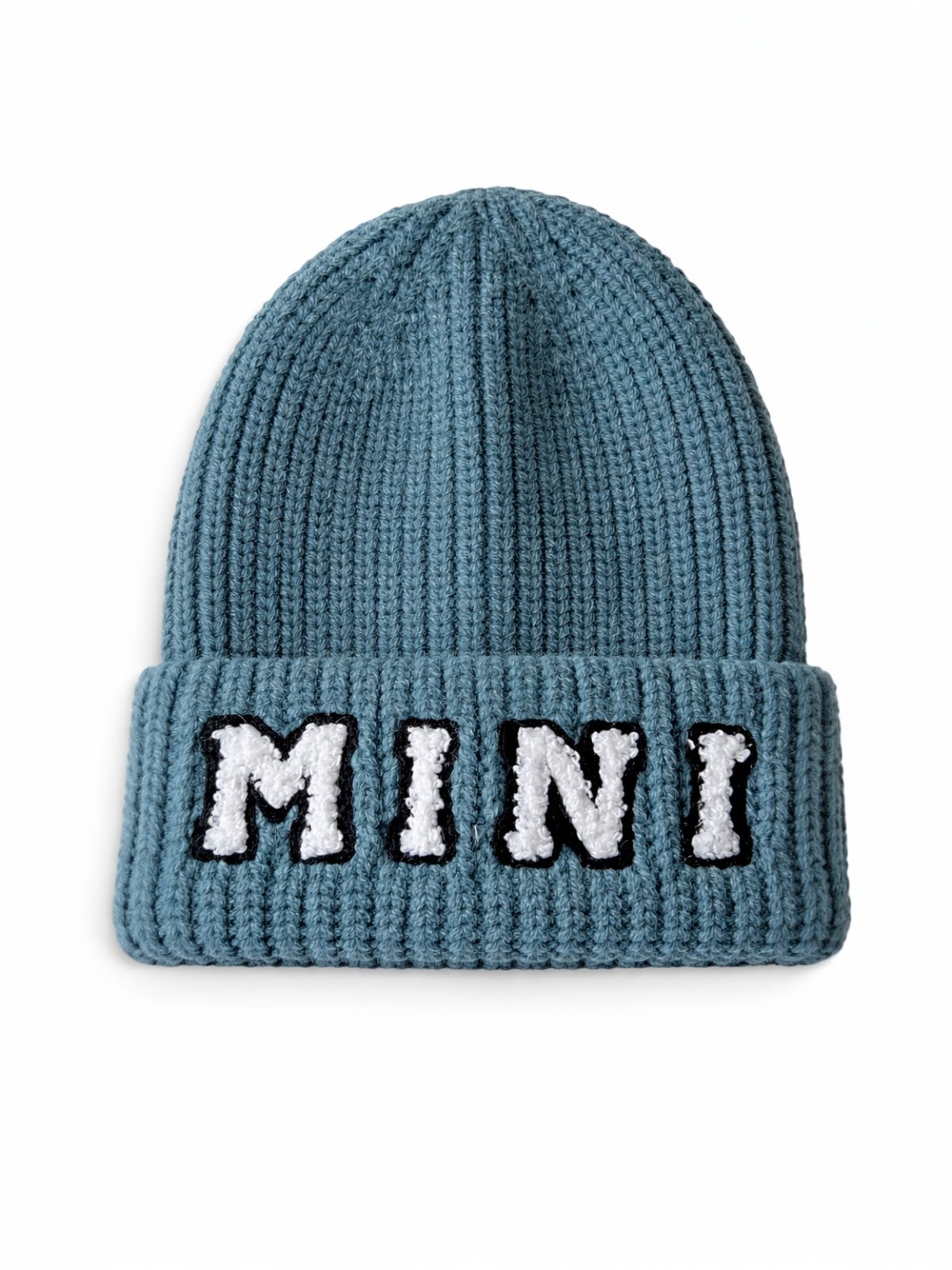 Blue ribbed beanie hat with the word "MINI" displayed in bold, white letters on the front.