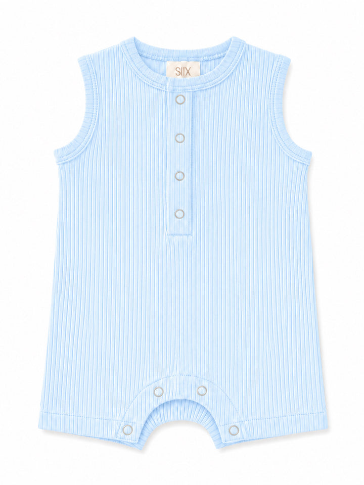 Light blue sleeveless baby romper with vertical stripes and snap buttons at the front.