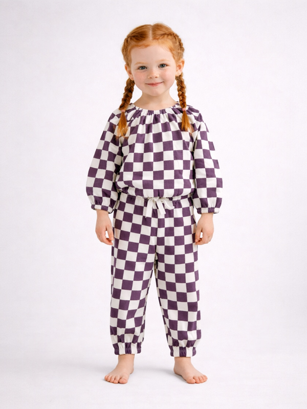 Smiling child with braided hair wearing a purple and white checkered outfit, standing barefoot on a light background.