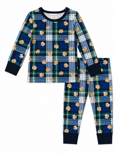 Blue plaid pajamas with teddy bear print for infants, featuring long sleeves and matching pants.