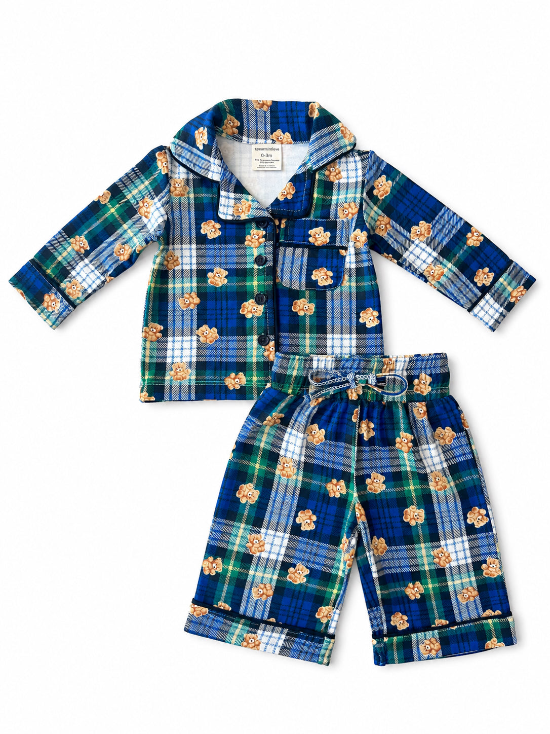 Blue plaid baby pajamas with a bear pattern, featuring a button-up top and matching pants. Ideal for infants.