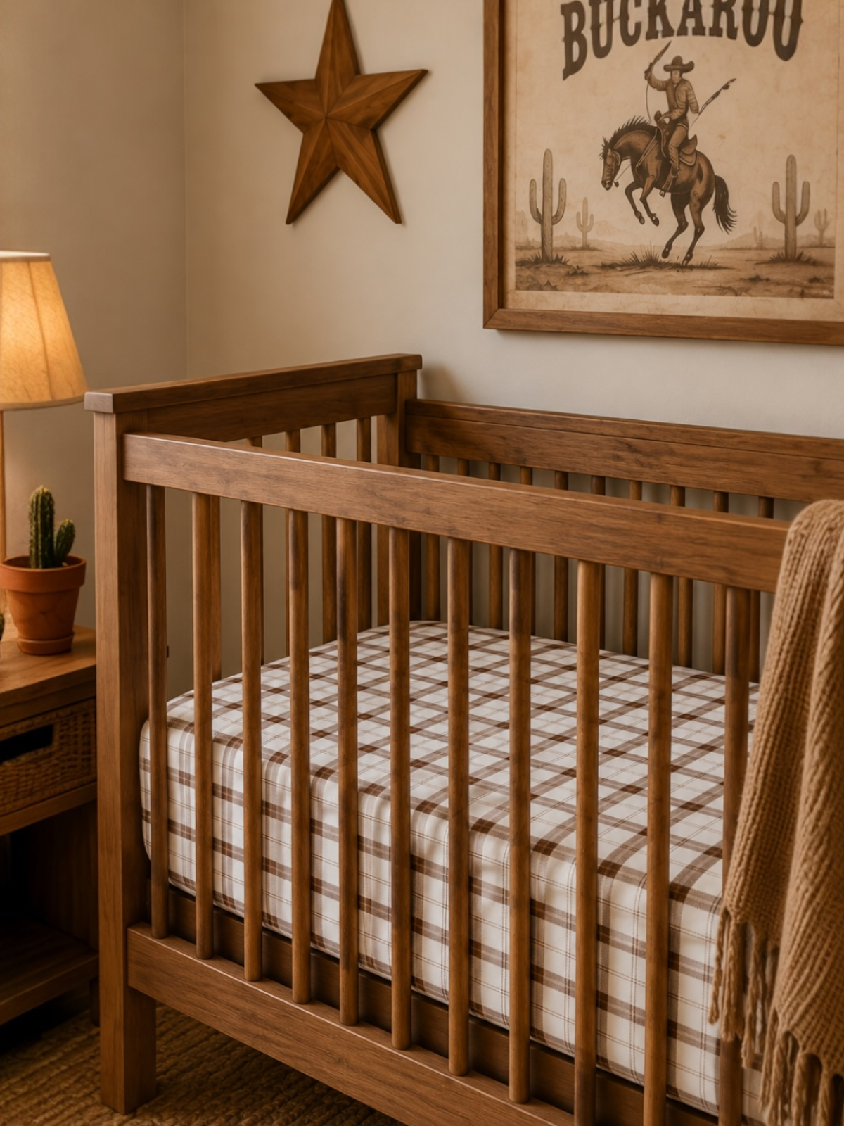 Wooden crib with plaid mattress, lamp, star decor, and cowboy artwork in a cozy nursery setting.