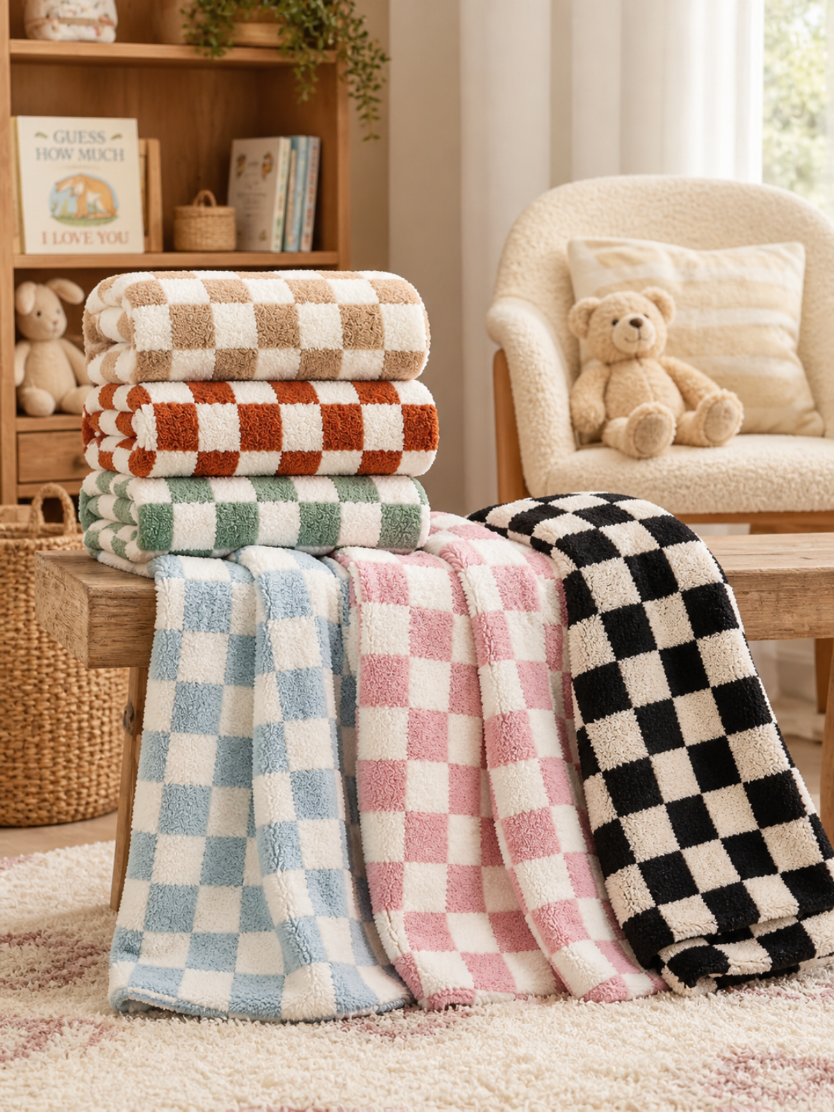 Stack of colorful checkered towels on a wooden table, with a cozy chair and a teddy bear in the background.