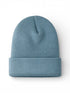Light blue knit beanie hat, folded at the bottom, displayed on a white background.