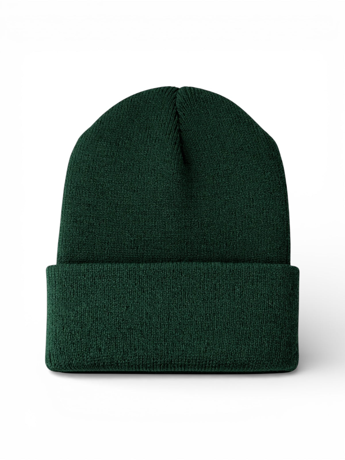 Dark green knit beanie hat with a cuffed brim, displayed from the front.
