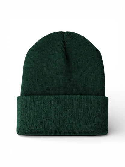 Dark green knit beanie hat with a cuffed brim, displayed from the front.