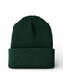 Dark green knit beanie hat with a cuffed brim, displayed from the front.